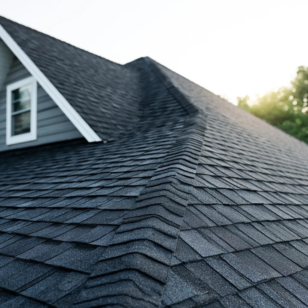 Windowed gray dormer and dark shingle roof slopes