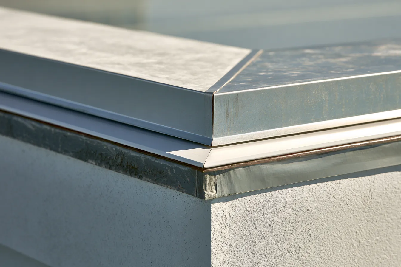 Folded metal coping trim wraps a parapet corner in close-up