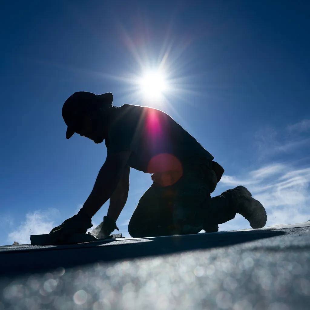 In low sunlight a silhouetted roofer scrapes a roof surface