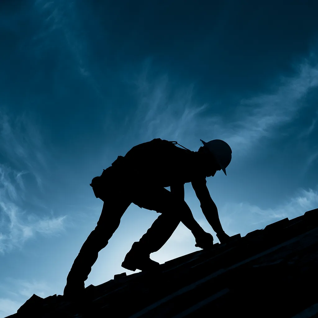 A silhouetted roofer in a hard hat crossing a roof slope