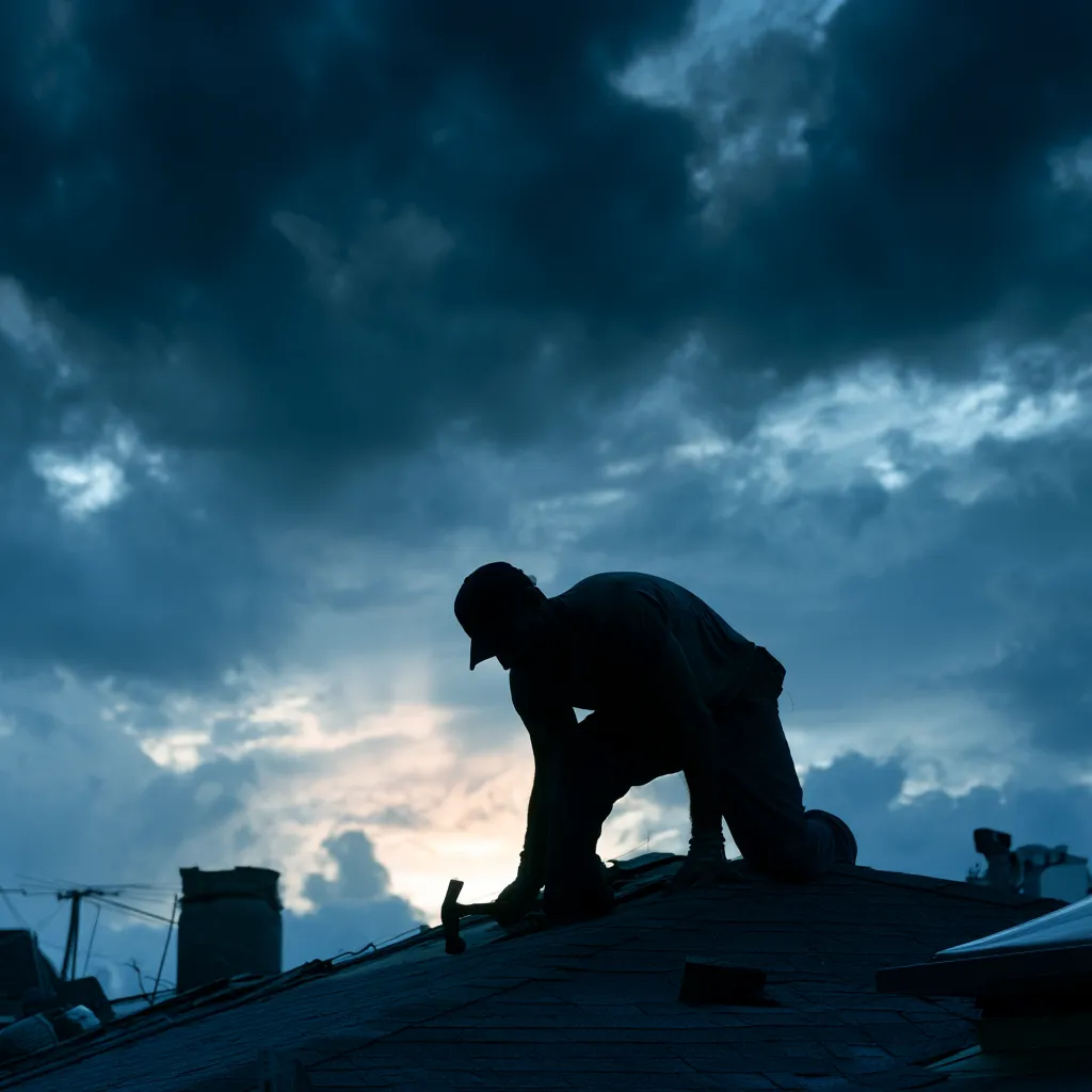 Darkening storm clouds above a roofer kneeling with a hammer