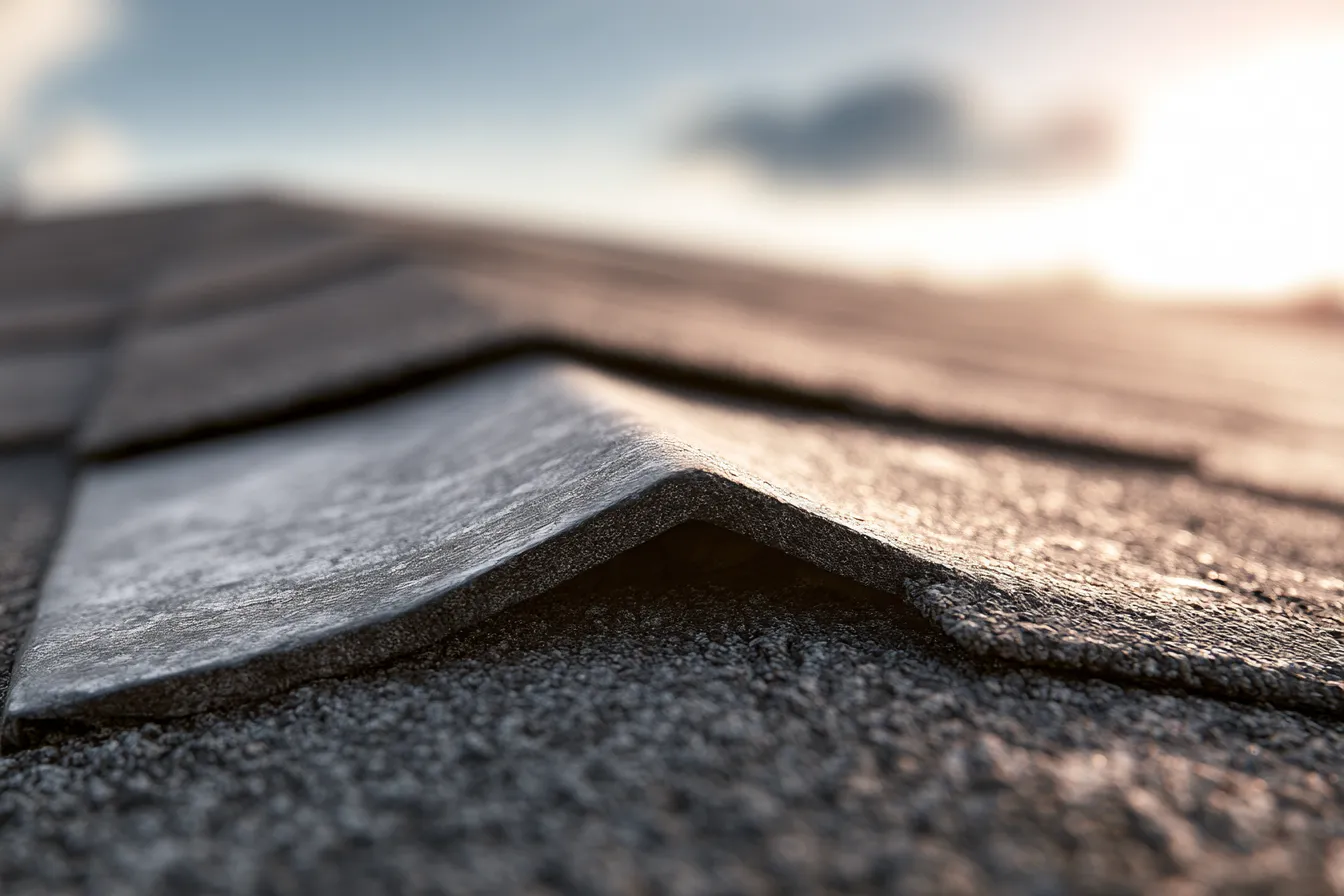 Low sunlight on a lifted shingle edge in close-up