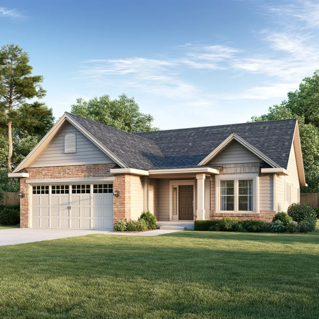 Ranch home of brick and siding under a dark gray shingle roof