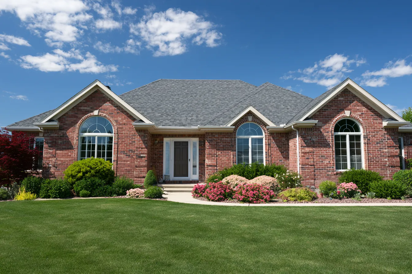 Arched windows and a gray shingle roof mark this brick ranch home beneath scattered clouds