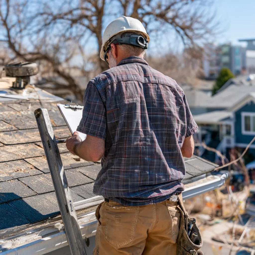 Beside a ladder on an aged roof an inspector holds a clipboard