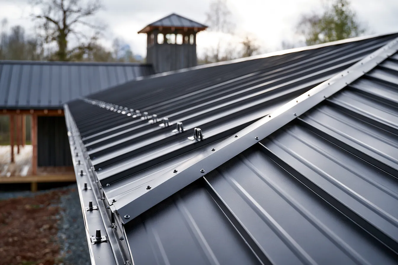 A distant tower behind a dark gray standing seam metal roof with visible ridge fasteners