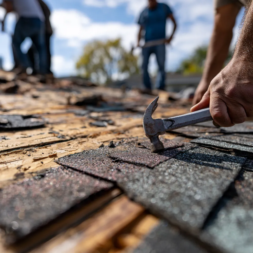 Damaged shingle pried up by a hammer claw with roofers behind