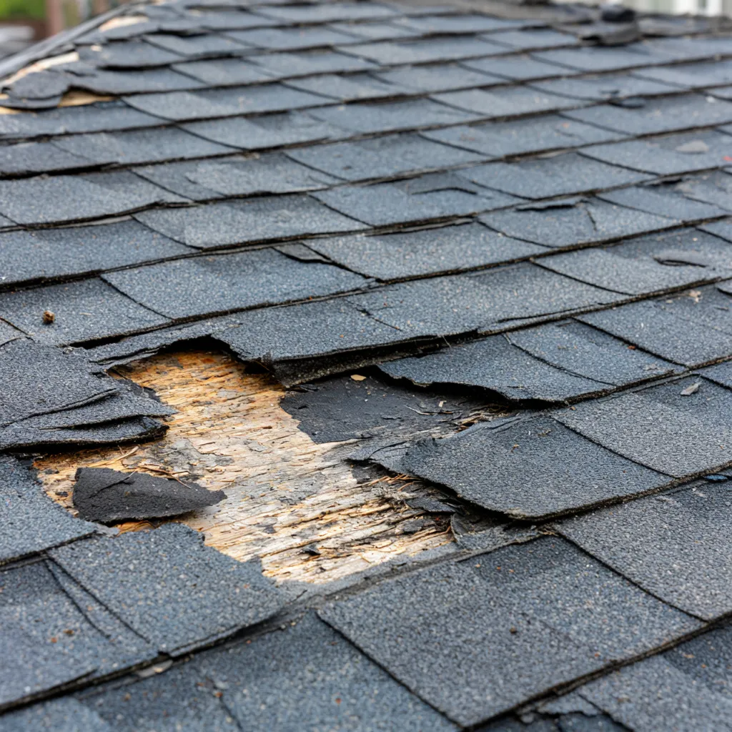Shingle roof hole revealing torn felt and bare wood
