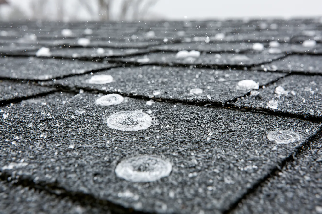 Asphalt shingles show round hail impact dents in close-up
